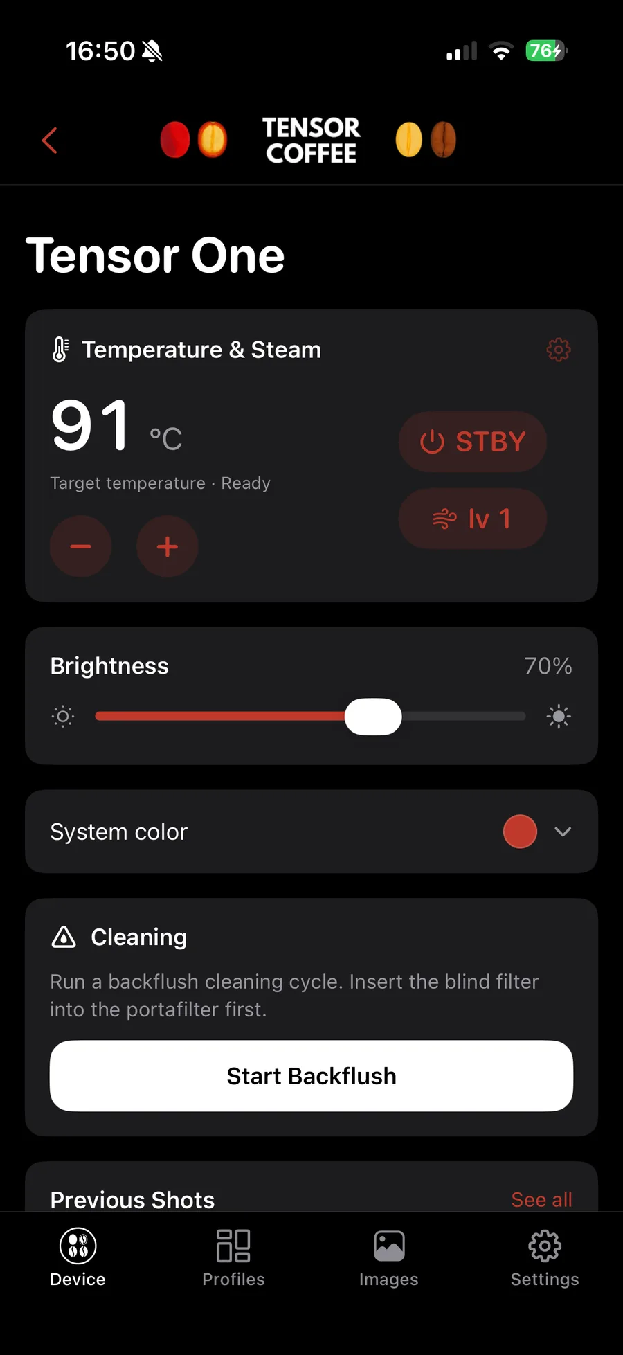 The Tensor Coffee app's device screen: target temperature 91 °C, standby and steam level, display brightness, system colour, backflush cleaning, and previous shots.
