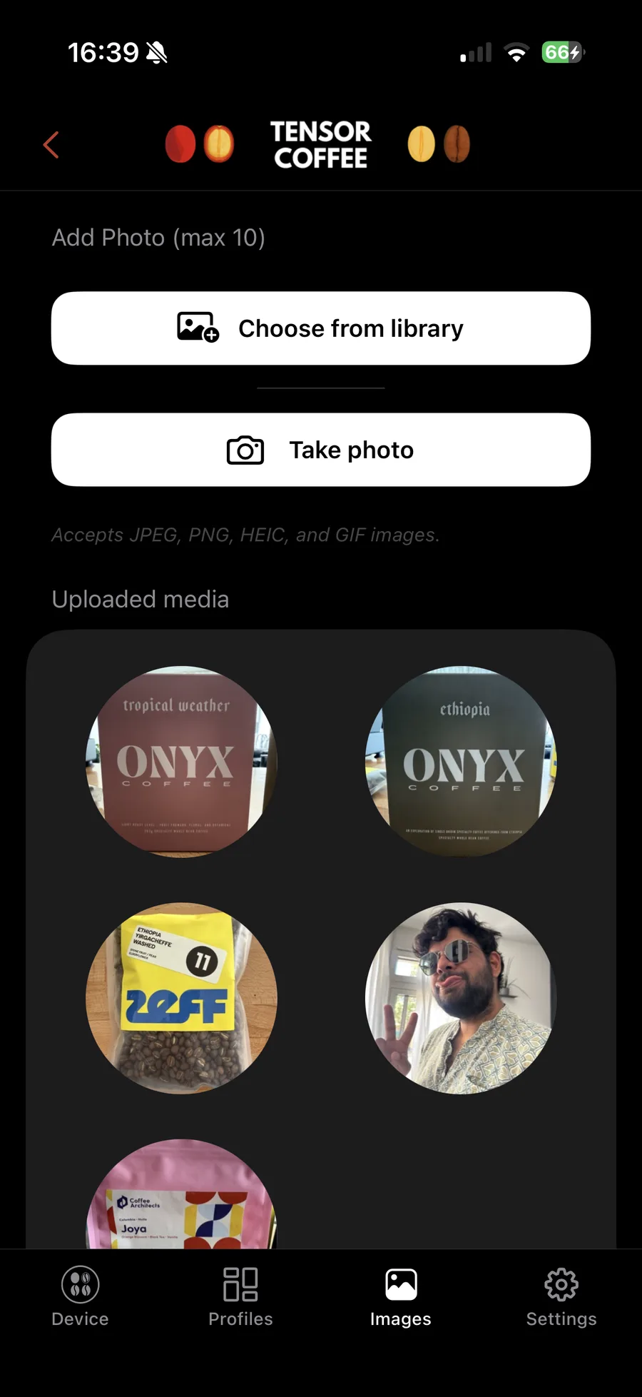 The images screen in the Tensor Coffee app: buttons to choose from library or take a photo, above a grid of uploaded coffee-bag and portrait photos.