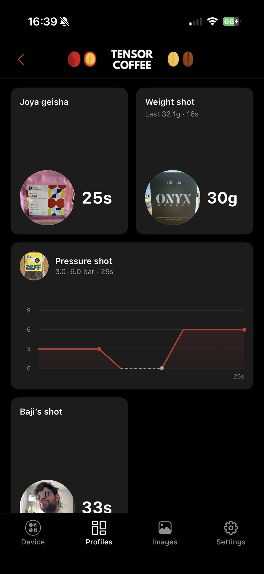 The profiles screen in the Tensor Coffee app, showing time and weight profiles and a pressure profile drawn from 3.0 to 6.0 bar over 25 s.